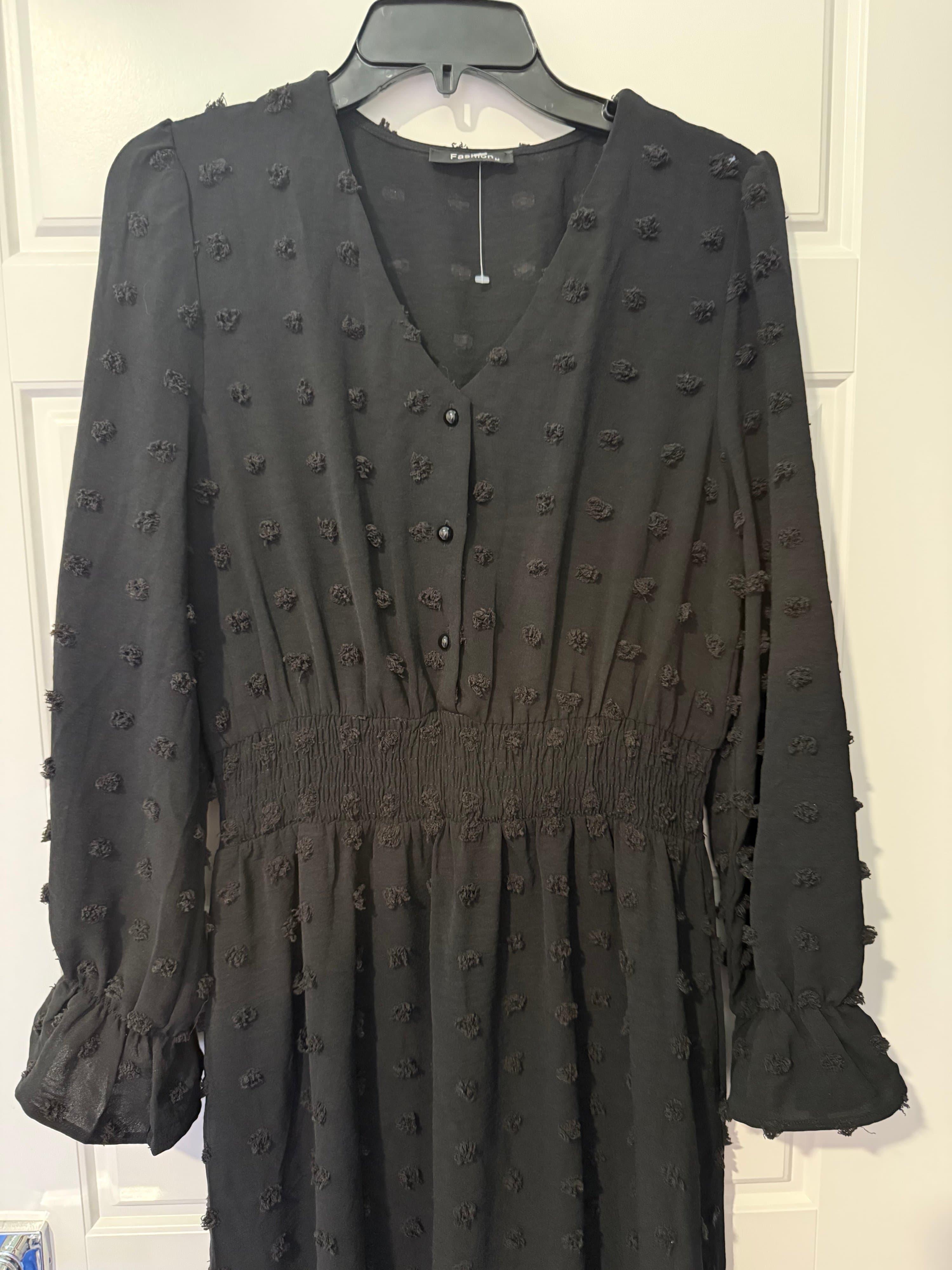 Fashion Black Long Sleeve Midi Dress M - Thumbnail 3