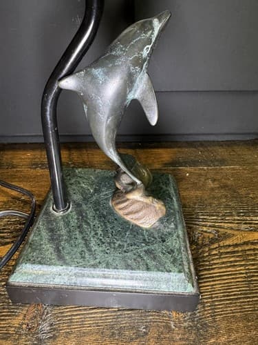 Vintage Solid Brass Dolphin Table Lamp With Marble Base San Pacific Animal Fish - Thumbnail 2