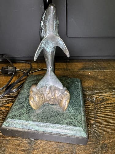 Vintage Solid Brass Dolphin Table Lamp With Marble Base San Pacific Animal Fish - Thumbnail 3