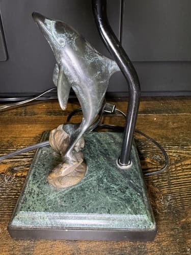 Vintage Solid Brass Dolphin Table Lamp With Marble Base San Pacific Animal Fish - Thumbnail 4