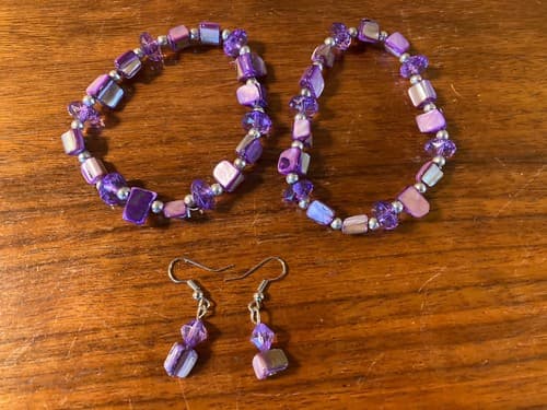 Set Of 4 Purple Beads Amethyst Fashion Jewelry Bracelet Earrings Handmade stone