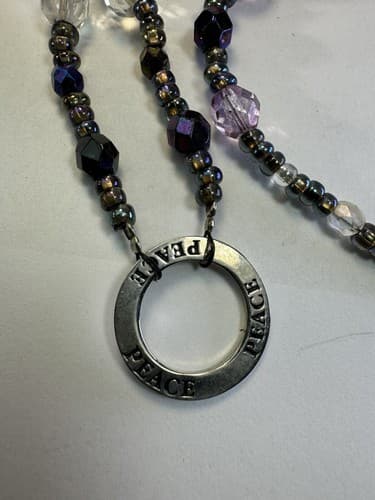 Purple Green Pink Silver Metallic Beaded Necklace Peace 11” Jewelry