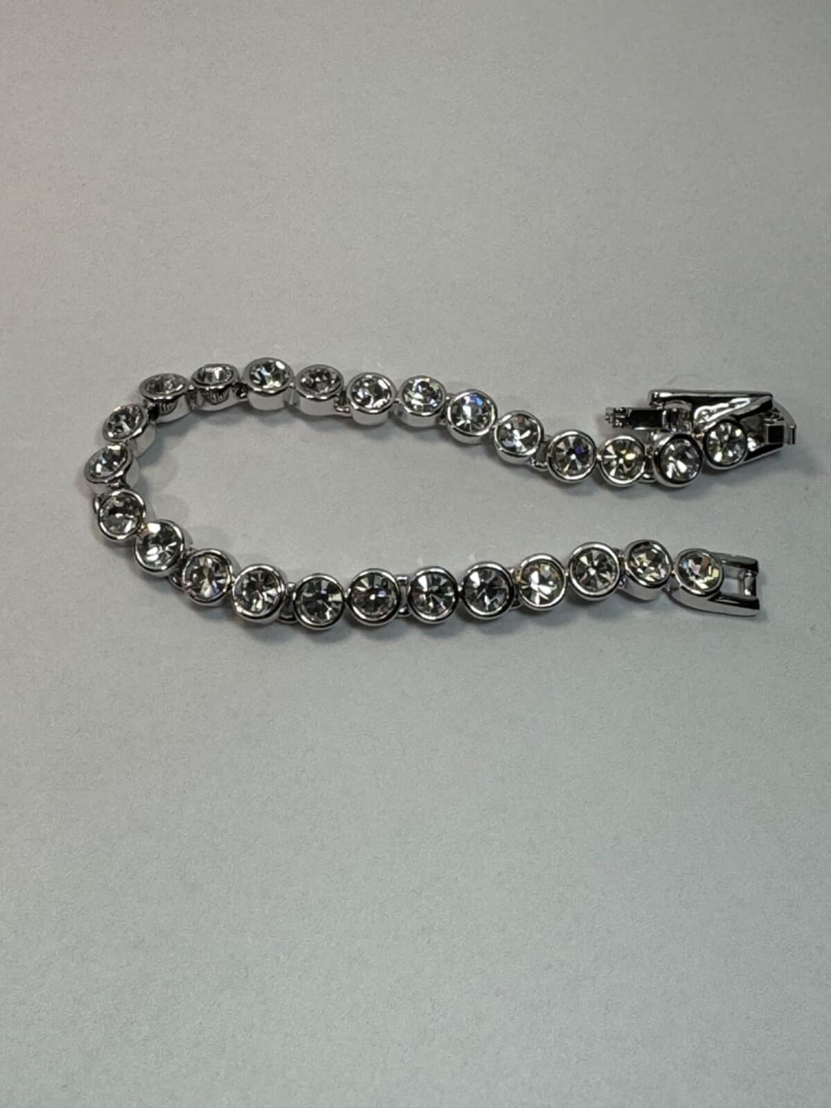 Silver White Rhinestone Tennis Bracelet 7.5” Diamond Look Jewelry