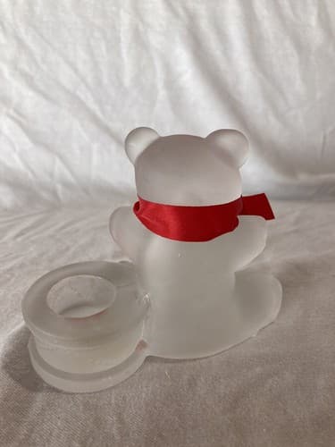 Vintage Frosted Glass Teddy Bear Drum Taper/Dinner Candle Holders Christmas 3”H - Thumbnail 2