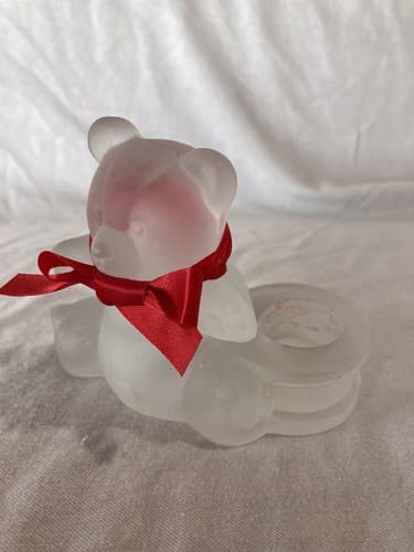 Vintage Frosted Glass Teddy Bear Drum Taper/Dinner Candle Holders Christmas 3”H - Thumbnail 5