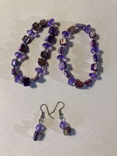 Set Of 4 Purple Beads Amethyst Fashion Jewelry Bracelet Earrings Handmade stone - Thumbnail 2