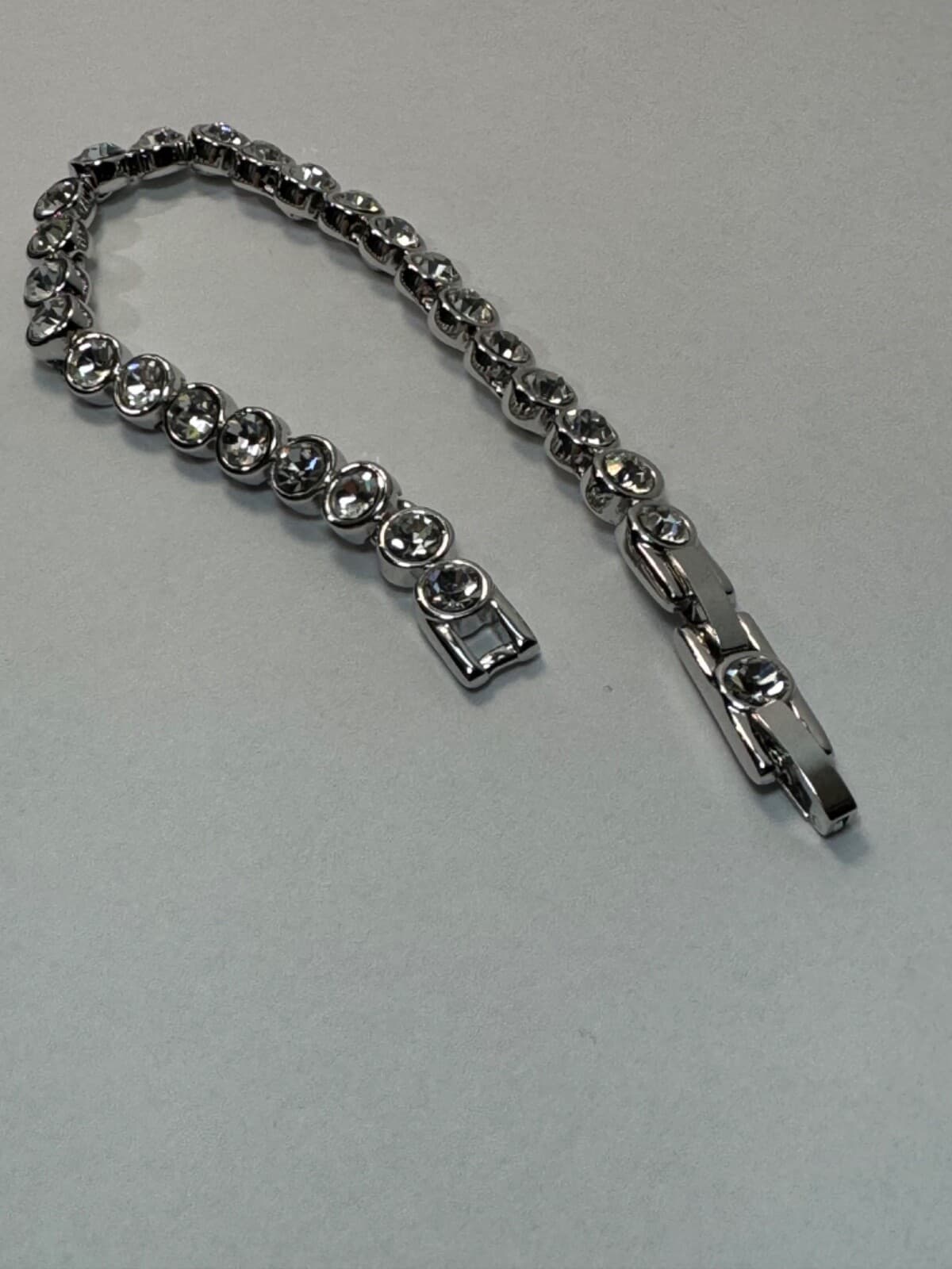 Silver White Rhinestone Tennis Bracelet 7.5” Diamond Look Jewelry - Thumbnail 3