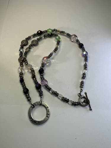 Purple Green Pink Silver Metallic Beaded Necklace Peace 11” Jewelry - Thumbnail 3