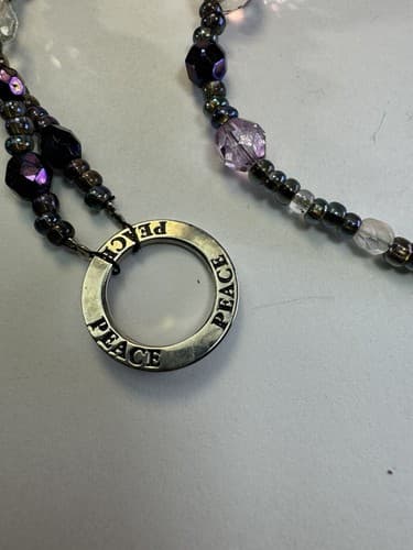 Purple Green Pink Silver Metallic Beaded Necklace Peace 11” Jewelry - Thumbnail 2