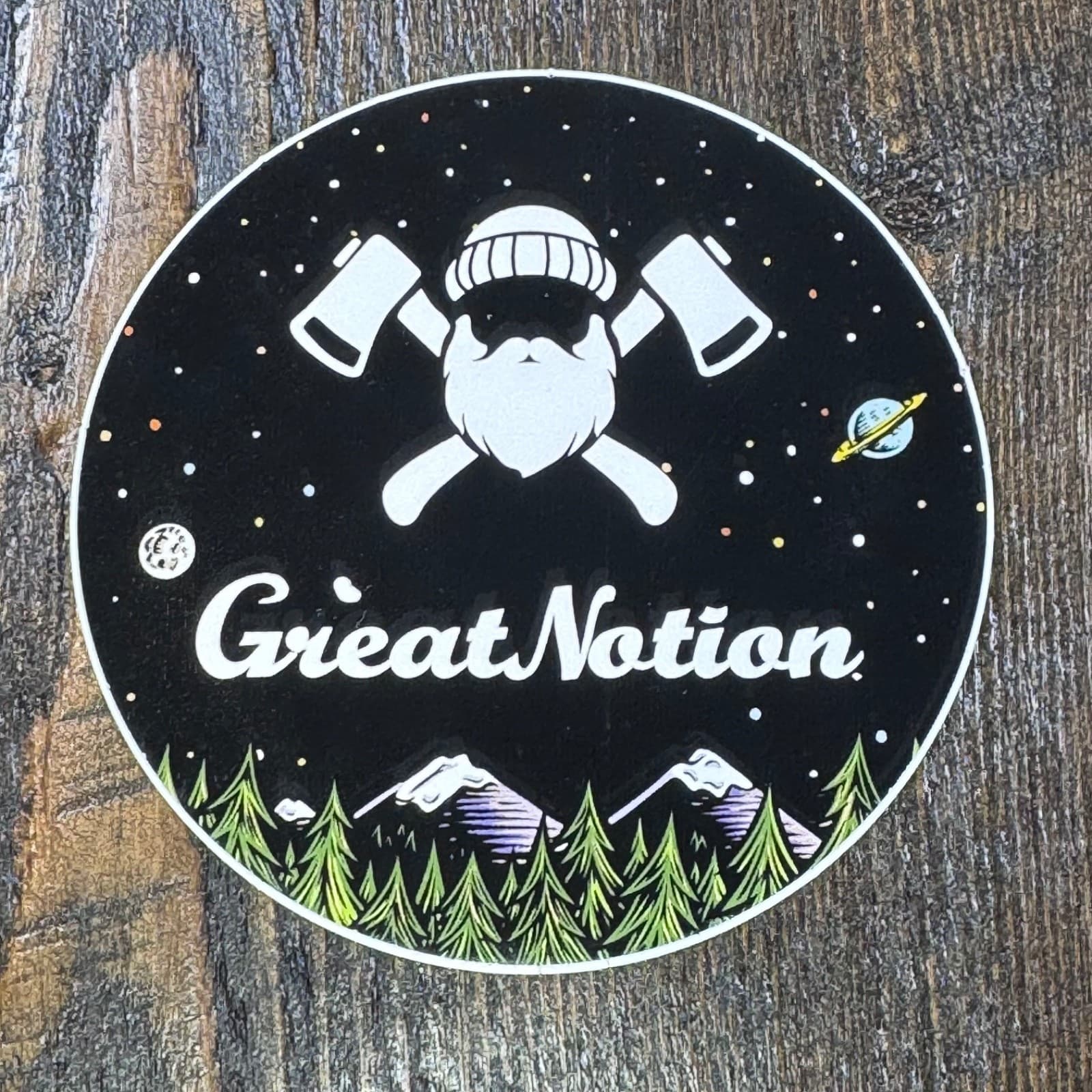 Great Notion Brewing Planets Space Axe Lumber Jack Trees Mountains Beer Sticker