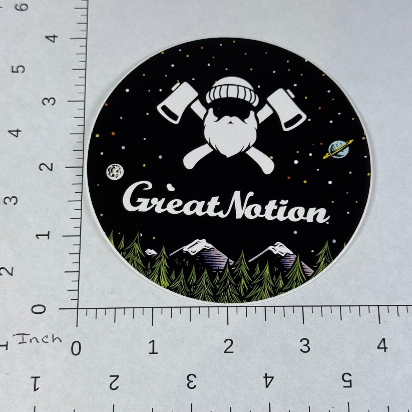 Great Notion Brewing Planets Space Axe Lumber Jack Trees Mountains Beer Sticker - Thumbnail 2