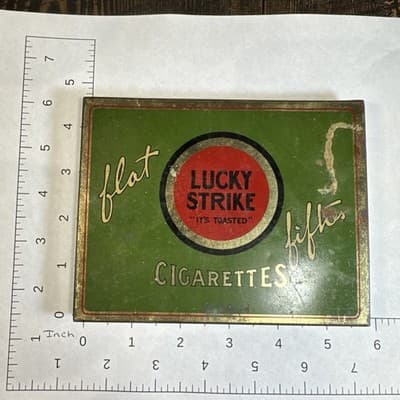 Vintage Lucky Strike “It’s Toasted” Flat Fifths Cigarettes Metal Tin - Thumbnail 8