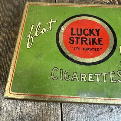 Vintage Lucky Strike “It’s Toasted” Flat Fifths Cigarettes Metal Tin - Thumbnail 7