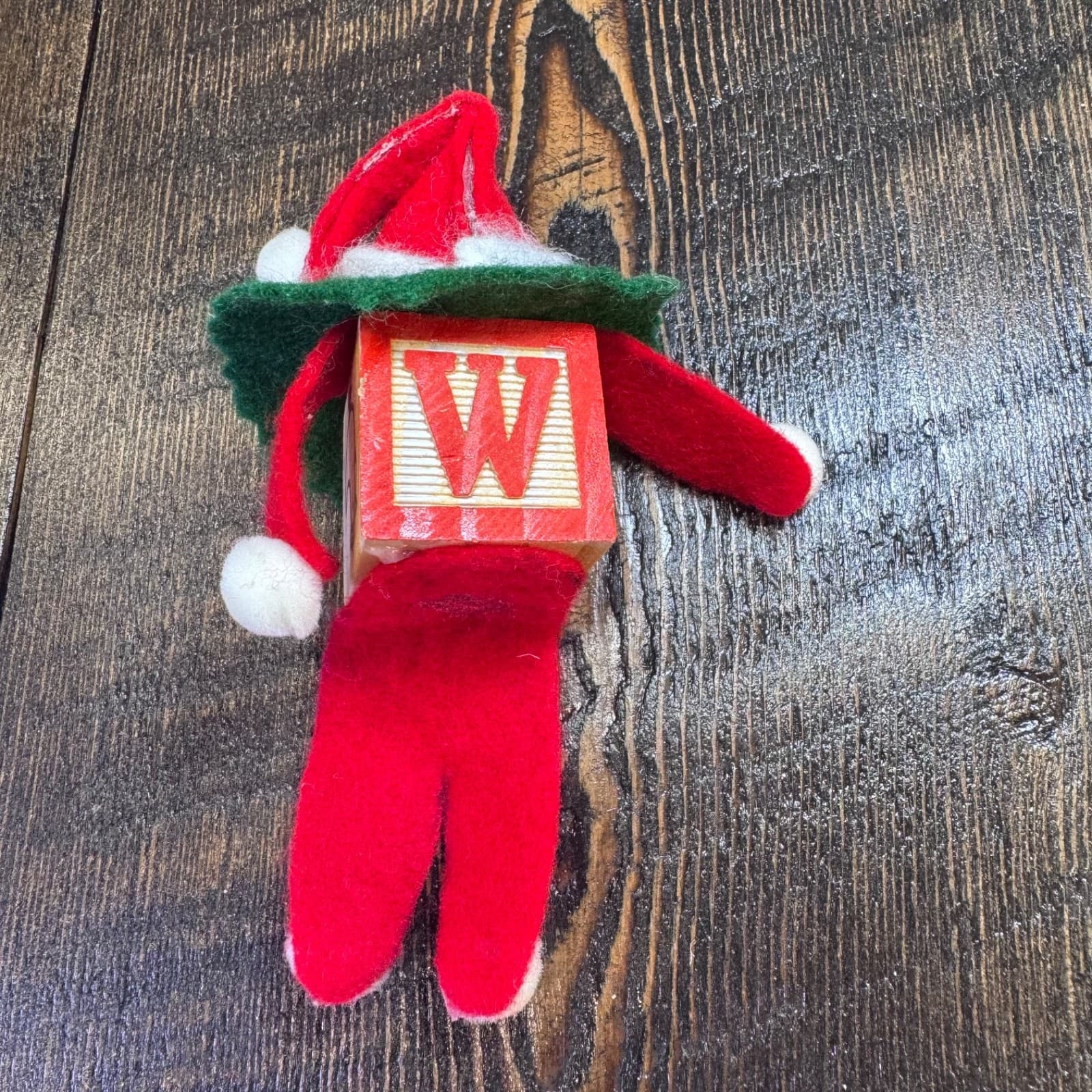 Vintage Christmas Holiday Tree Ornament Handmade Letter Block Elf - Thumbnail 2