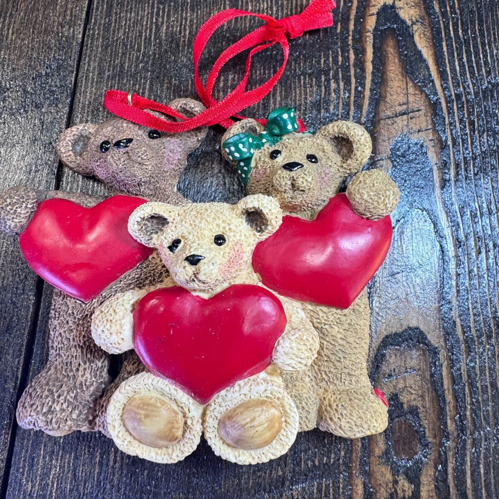 Vintage Christmas Holiday Tree Ornament 3 rustic bears with hearts