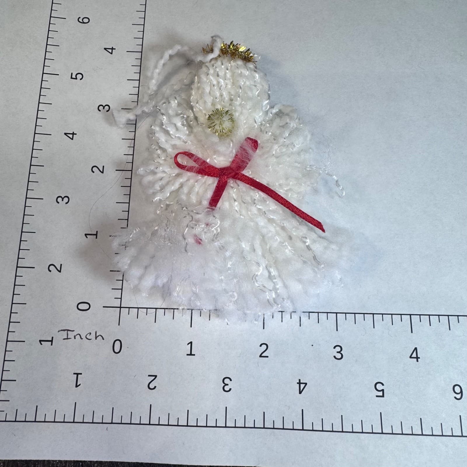 Handmade yarn white angel with red bow vintage Christmas holiday tree ornament - Thumbnail 3