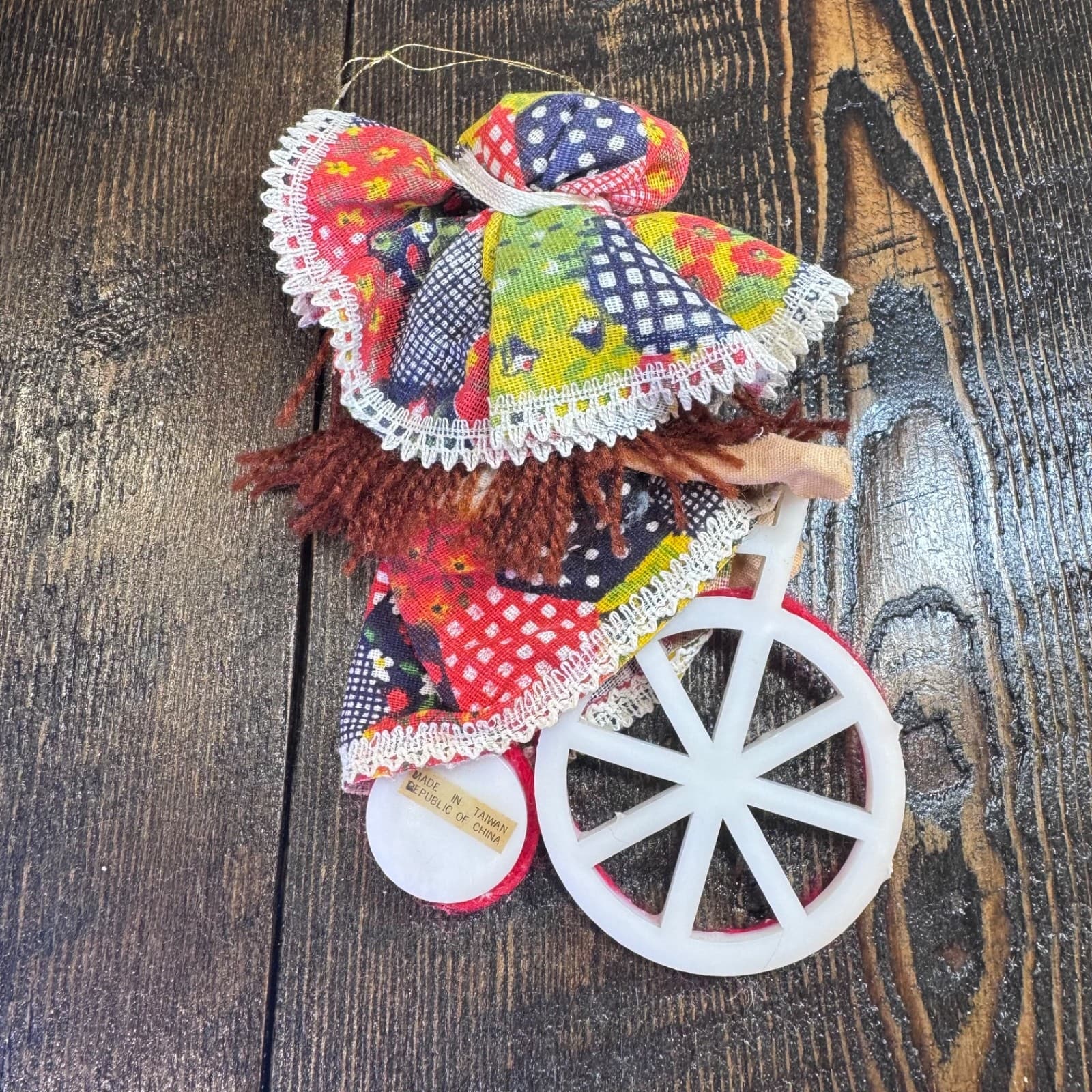Vintage Christmas holiday tree ornament doll girl with hat on bike bicycle - Thumbnail 2