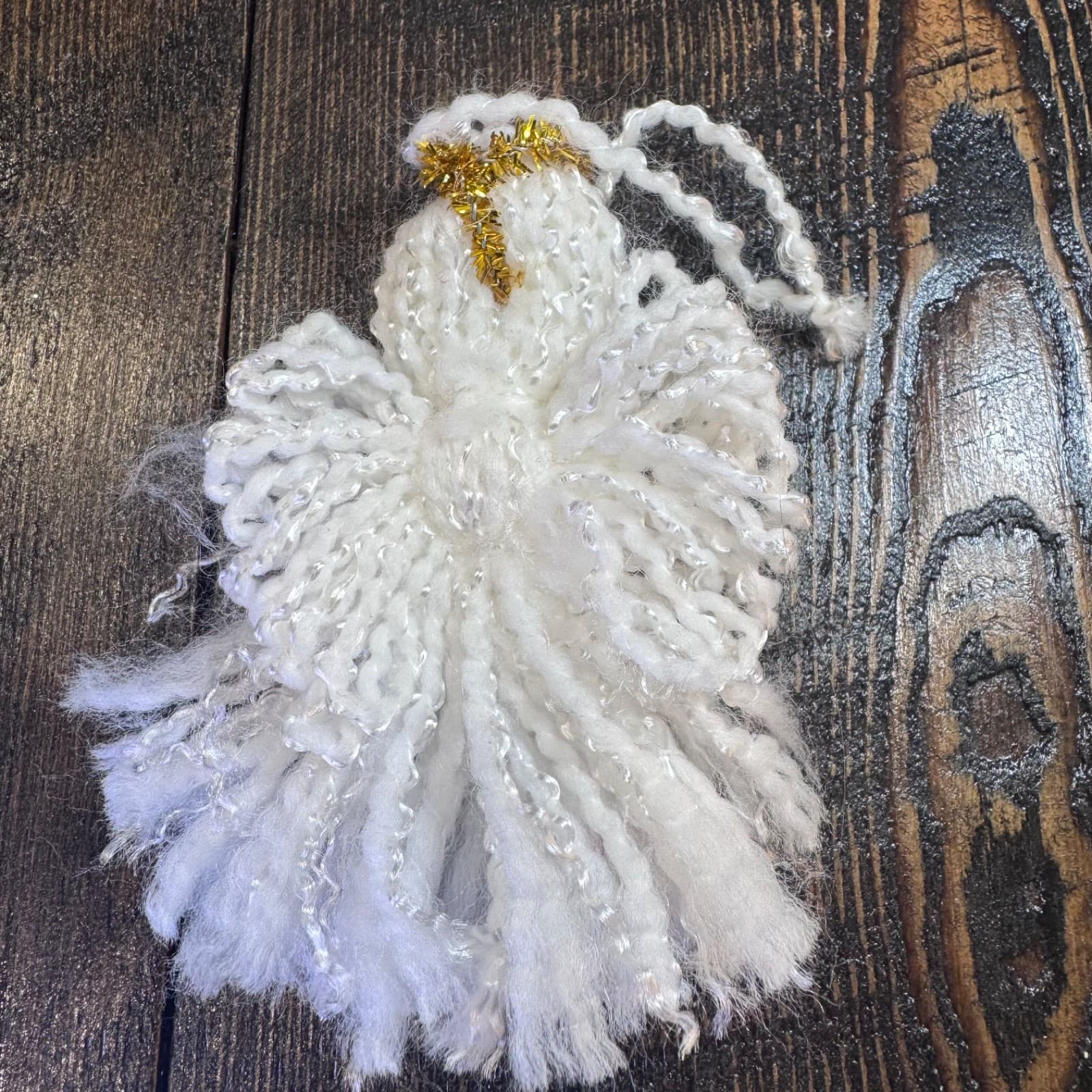 Handmade yarn white angel with red bow vintage Christmas holiday tree ornament - Thumbnail 2