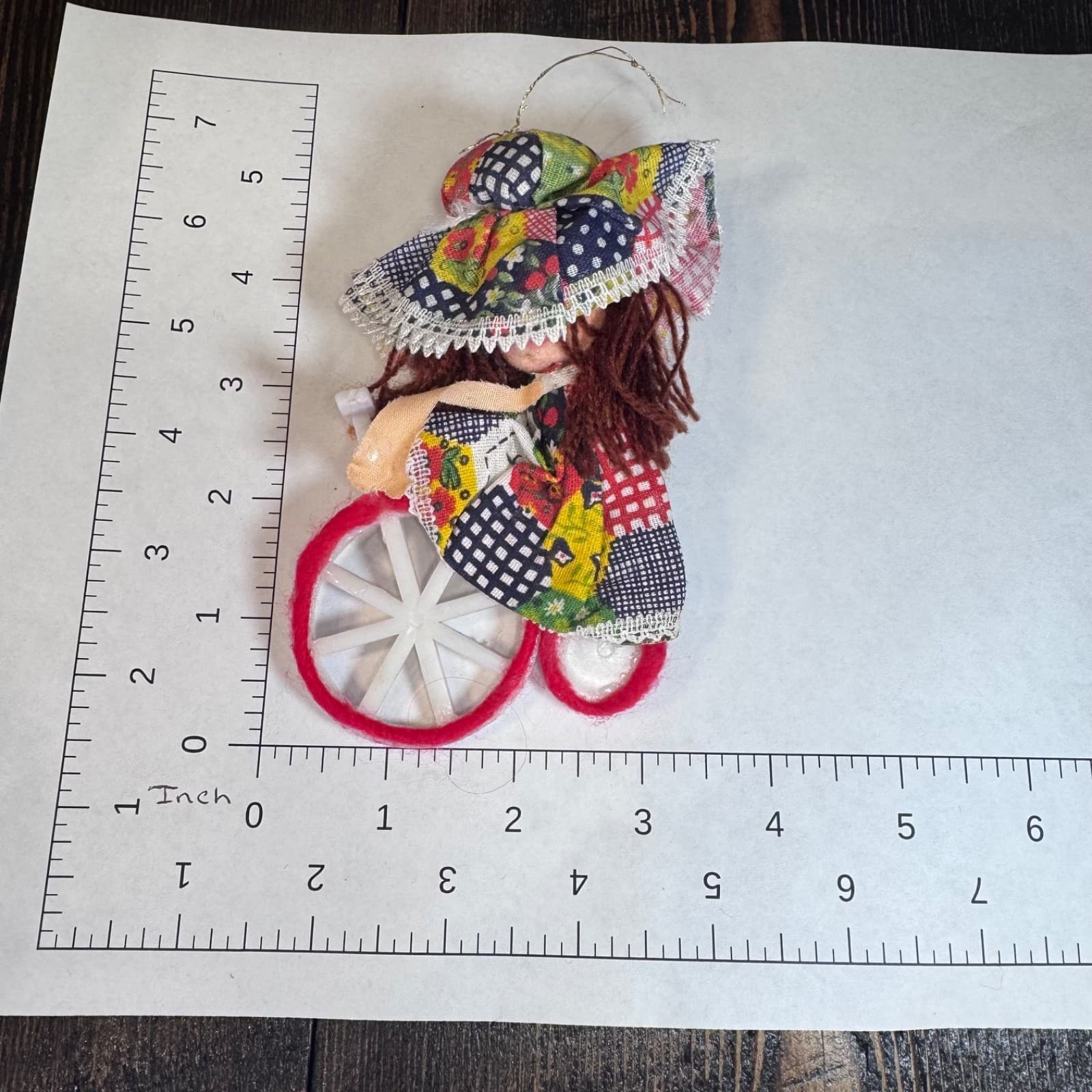 Vintage Christmas holiday tree ornament doll girl with hat on bike bicycle - Thumbnail 3