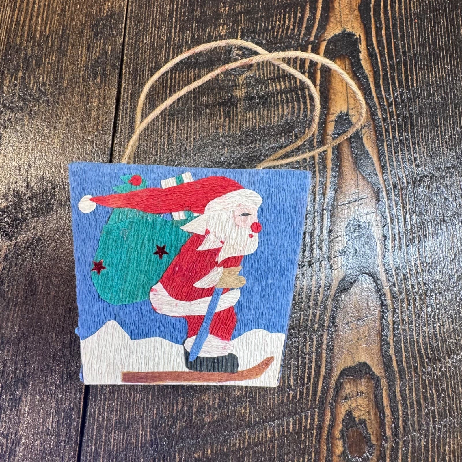 Vintage Christmas Holiday Tree Ornament Gift Card Box Holder Santa on skis