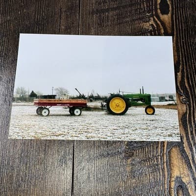 John Deere Tractor and Giant Radio Flyer Wagon Photograpgh 6 x 5 Snow Scene