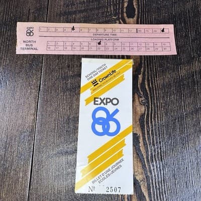 Expo 86 School Youth One Day Ticket Stub and Bus Ticket - Vancouver Canada 1986