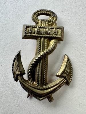 Vintage, WWII, Anchor & Rope Lapel Pin, Gold Color, Metal - Original