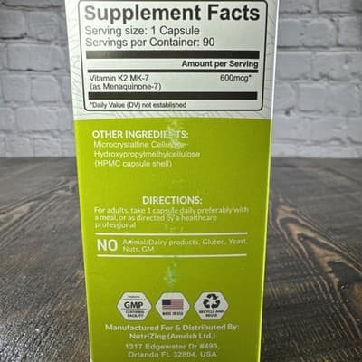 NutriZing Vitamin K2 MK-7 600mcg 90 Capsules Bone Health Supplement - Thumbnail 8