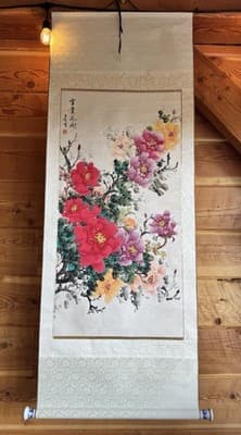 Chinese Hand Painted Scroll Watercolor Flowers Pink Red Yellow Peonies