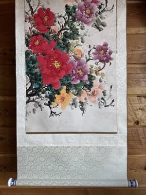 Chinese Hand Painted Scroll Watercolor Flowers Pink Red Yellow Peonies - Thumbnail 2