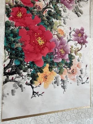 Chinese Hand Painted Scroll Watercolor Flowers Pink Red Yellow Peonies - Thumbnail 4