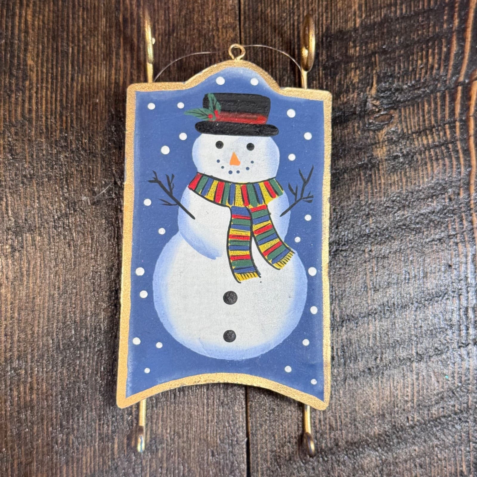 Vintage Christmas Holiday Tree Ornament - Painted Snowman on Sleigh