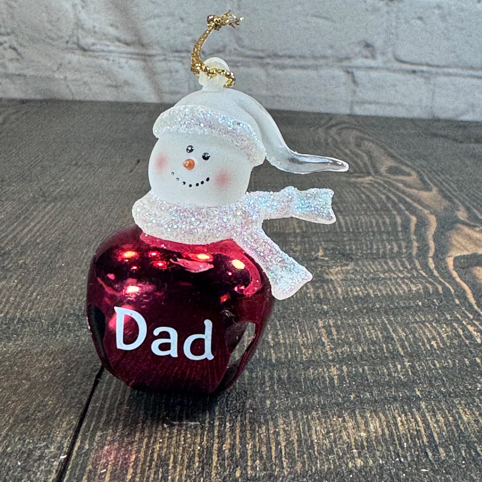 Vintage Christmas Holiday Tree Ornament - Glass Snowman on Bell ‘Dad’