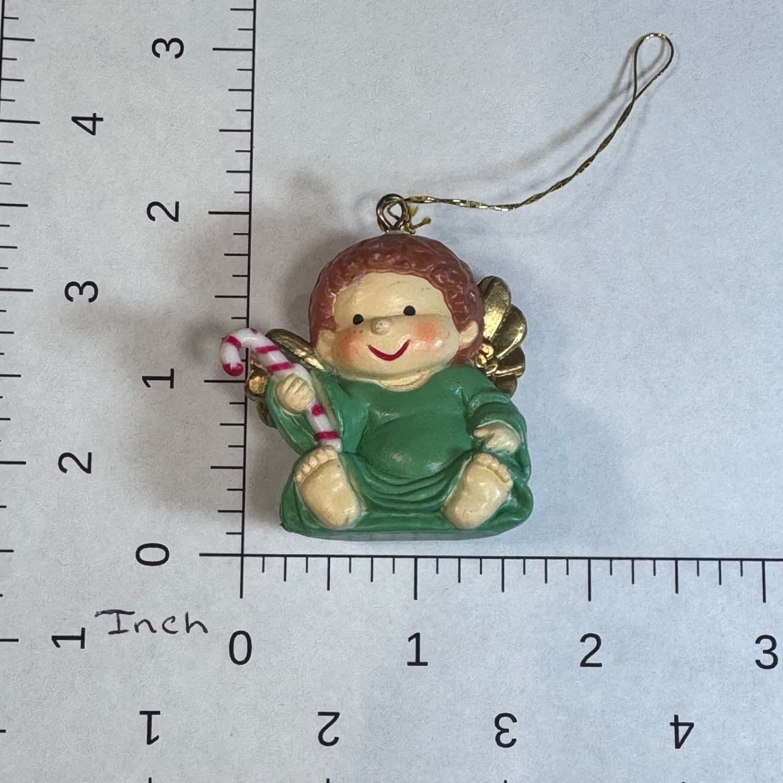 Vintage Christmas Holiday Tree Ornament - Child Angel Green Dress Candy Cane - Thumbnail 6