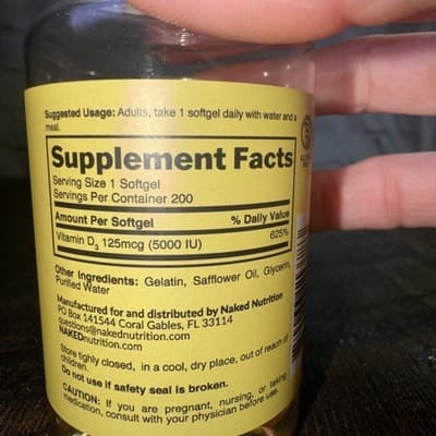 Naked Vitamin D3 5000 IU High Potency Dietary Supplement - 200 Softgels - Thumbnail 2