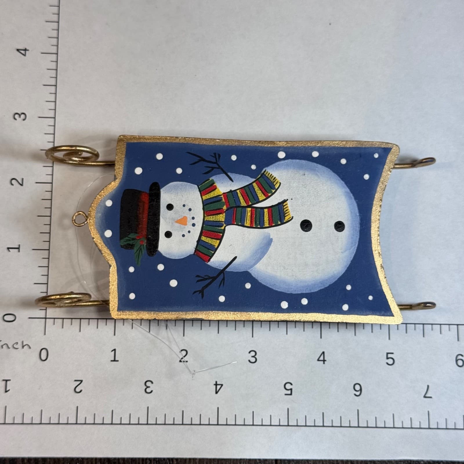 Vintage Christmas Holiday Tree Ornament - Painted Snowman on Sleigh - Thumbnail 3