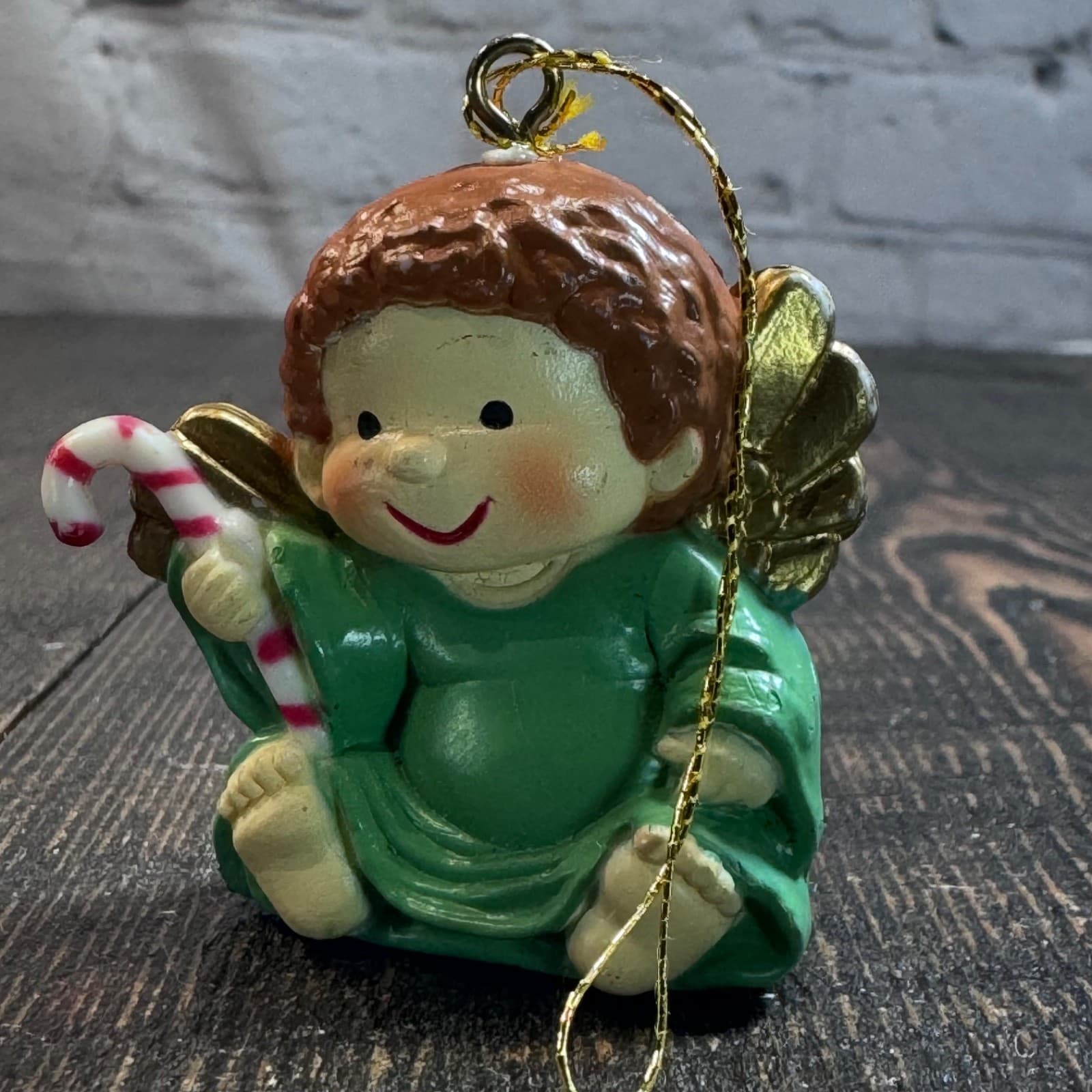 Vintage Christmas Holiday Tree Ornament - Child Angel Green Dress Candy Cane - Thumbnail 3
