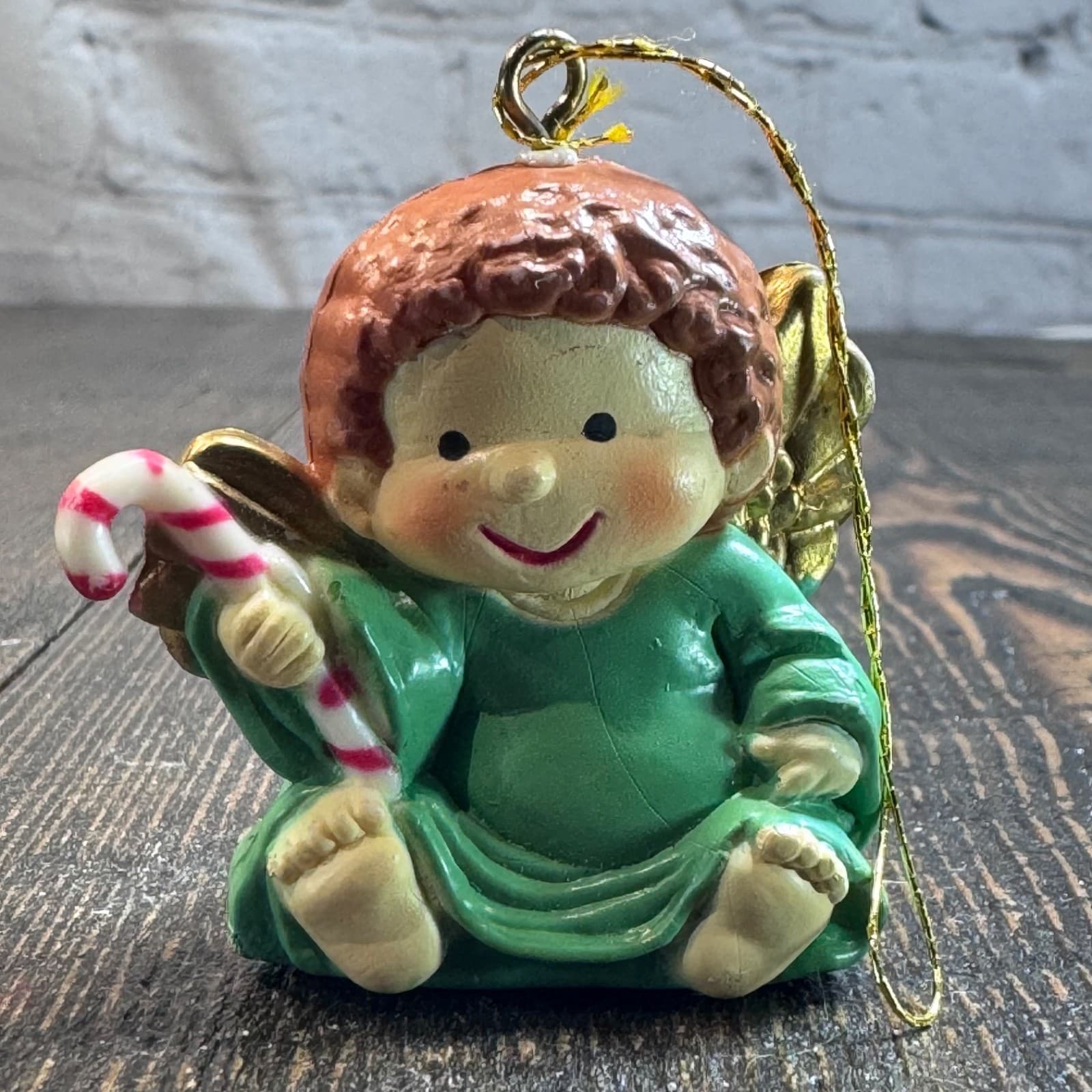Vintage Christmas Holiday Tree Ornament - Child Angel Green Dress Candy Cane