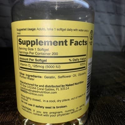 Naked Vitamin D3 5000 IU High Potency Dietary Supplement - 200 Softgels - Thumbnail 3
