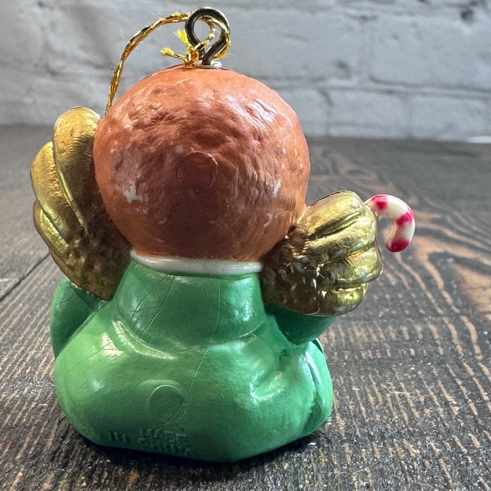 Vintage Christmas Holiday Tree Ornament - Child Angel Green Dress Candy Cane - Thumbnail 2