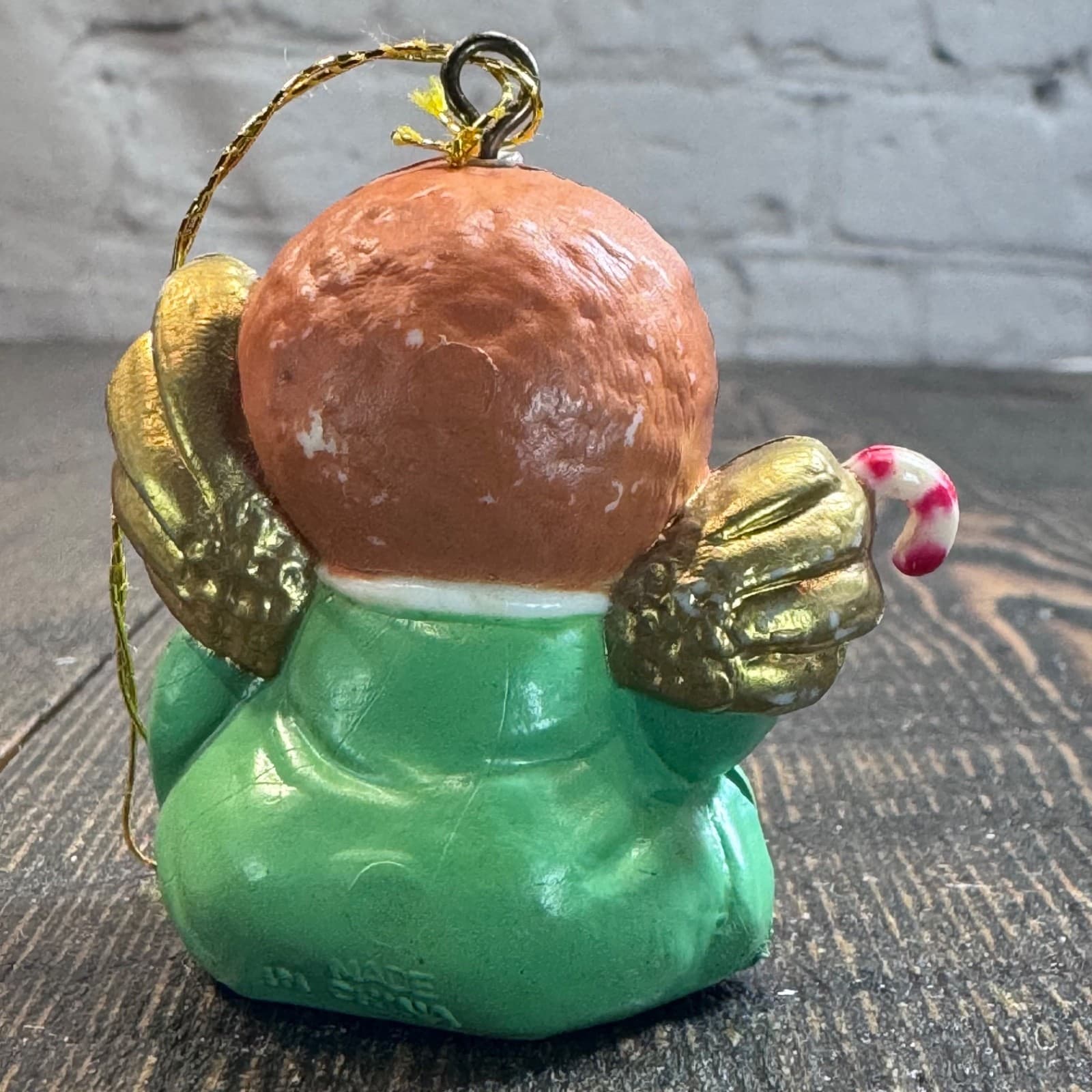 Vintage Christmas Holiday Tree Ornament - Child Angel Green Dress Candy Cane - Thumbnail 4
