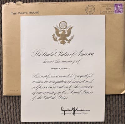 United States Honoring Memory Of Soldier Certificate Lyndon Johnson W/ ENVELOPE