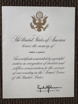 United States Honoring Memory Of Soldier Certificate Lyndon Johnson W/ ENVELOPE - Thumbnail 2
