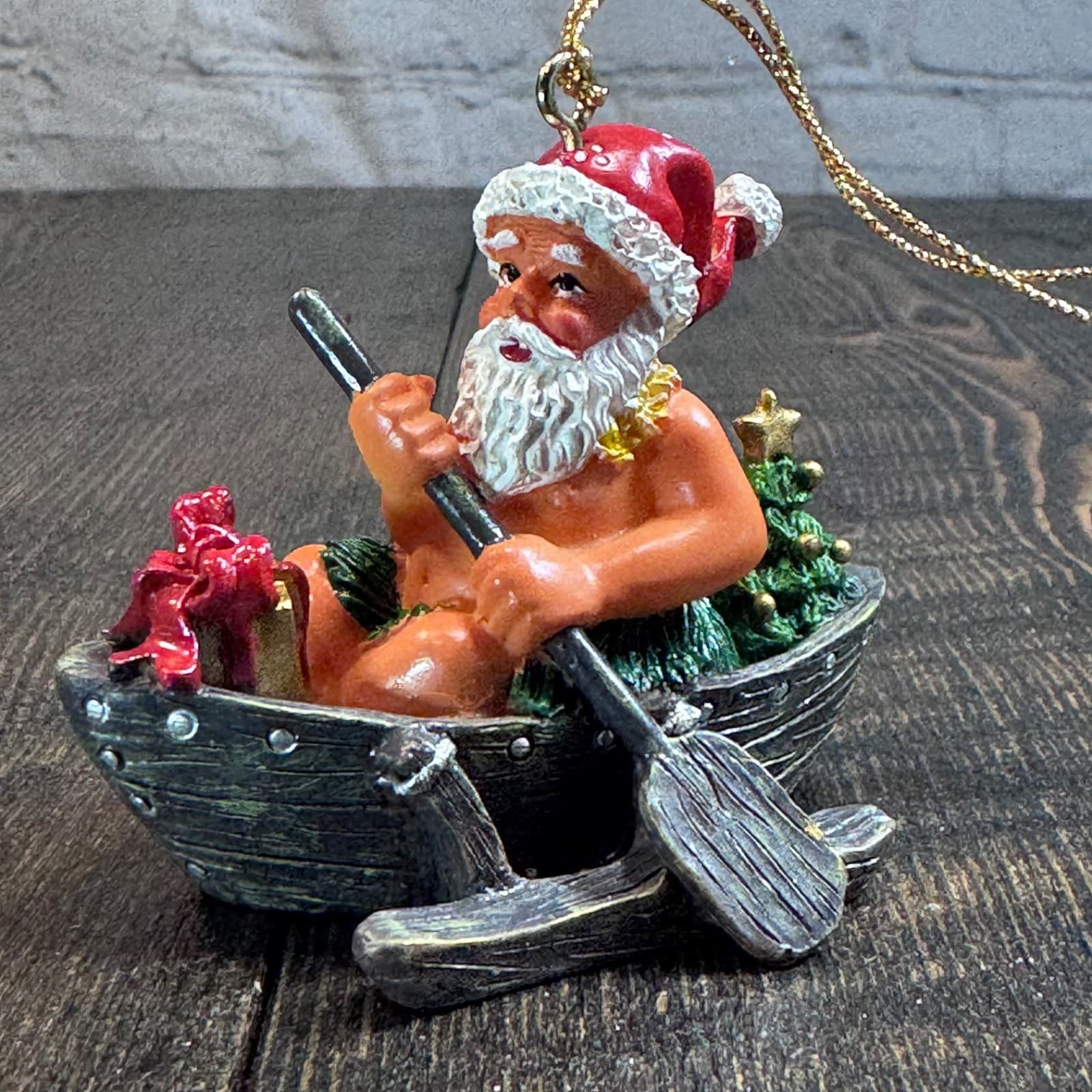 Vintage Christmas Holiday Tree Ornament - Hawaii Santa Claus in Canoe