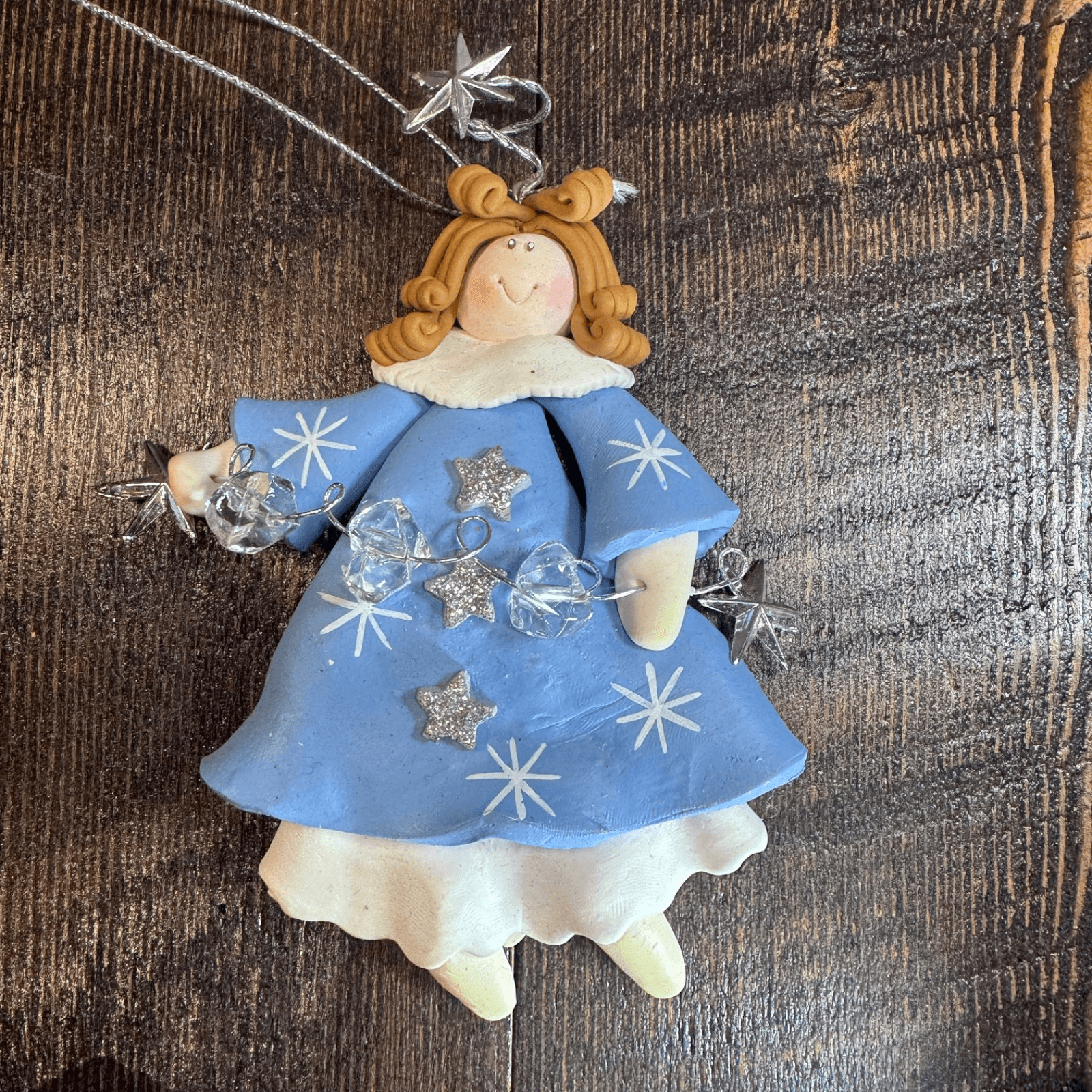 Vintage Christmas Holiday Tree Ornament - Blue Girl Angel with stars & Halo
