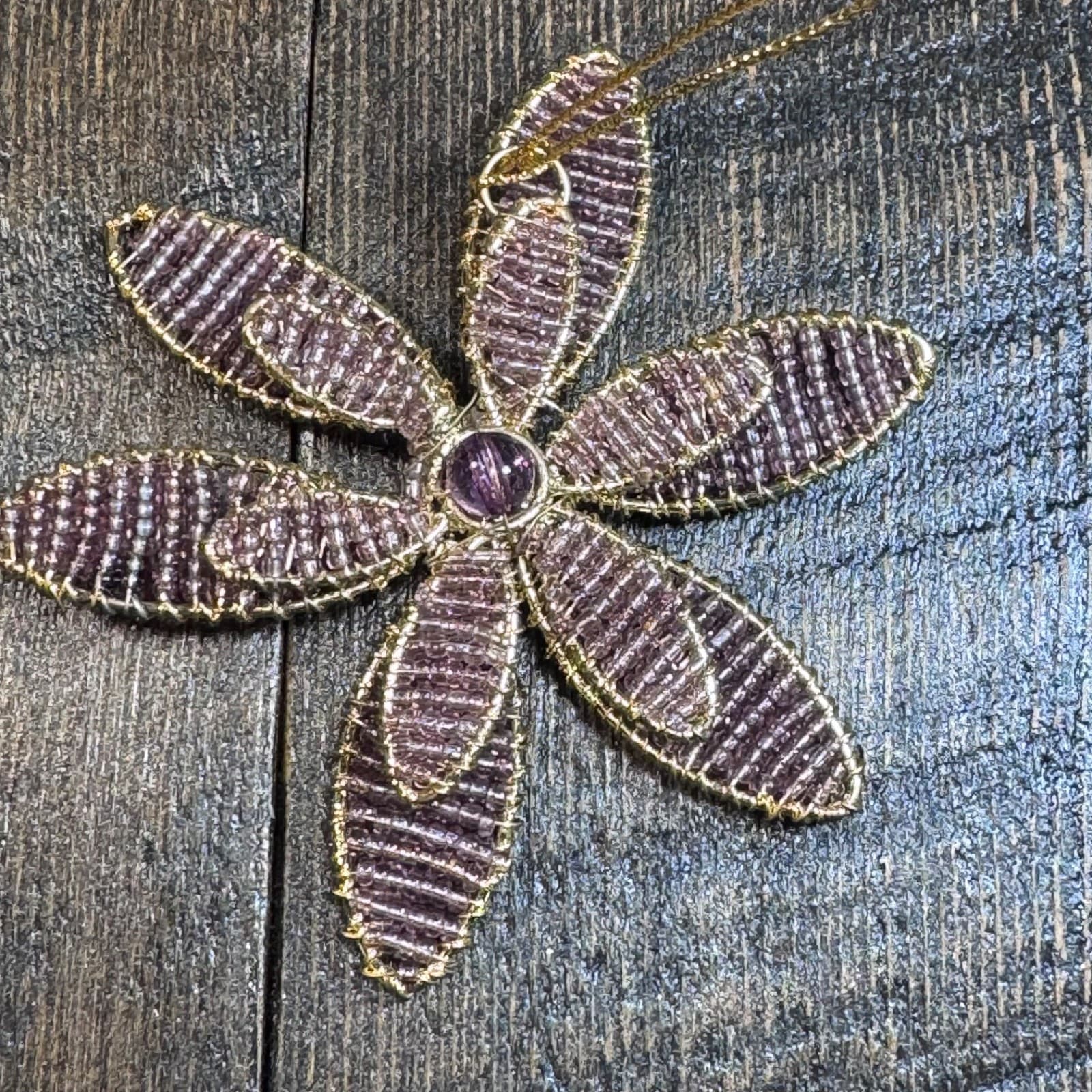 Vintage Christmas Holiday Tree Ornament - Purple Gold Bead Flower Handmade
