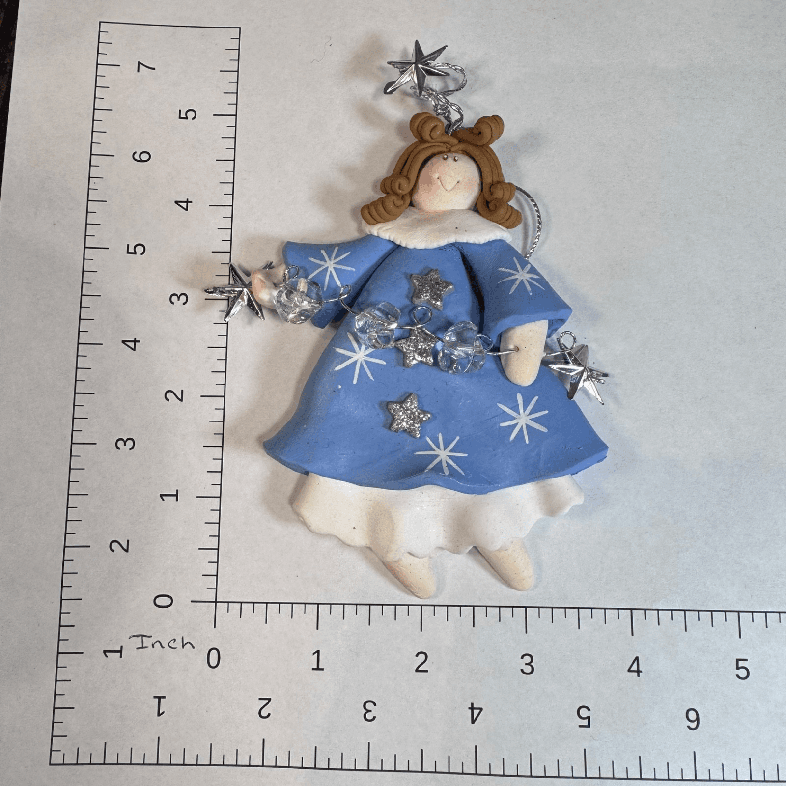 Vintage Christmas Holiday Tree Ornament - Blue Girl Angel with stars & Halo - Thumbnail 3