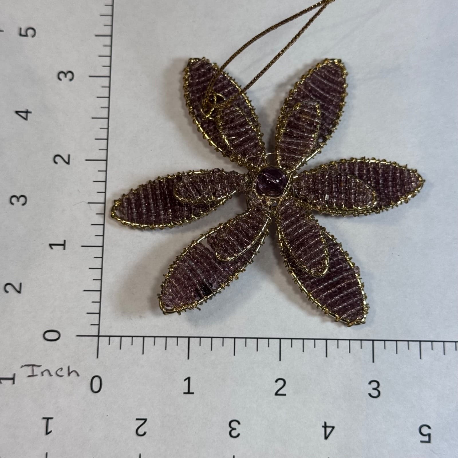 Vintage Christmas Holiday Tree Ornament - Purple Gold Bead Flower Handmade - Thumbnail 4