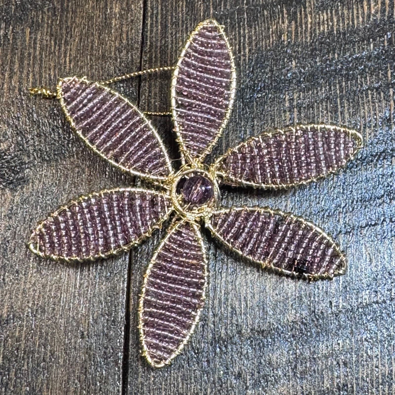 Vintage Christmas Holiday Tree Ornament - Purple Gold Bead Flower Handmade - Thumbnail 3