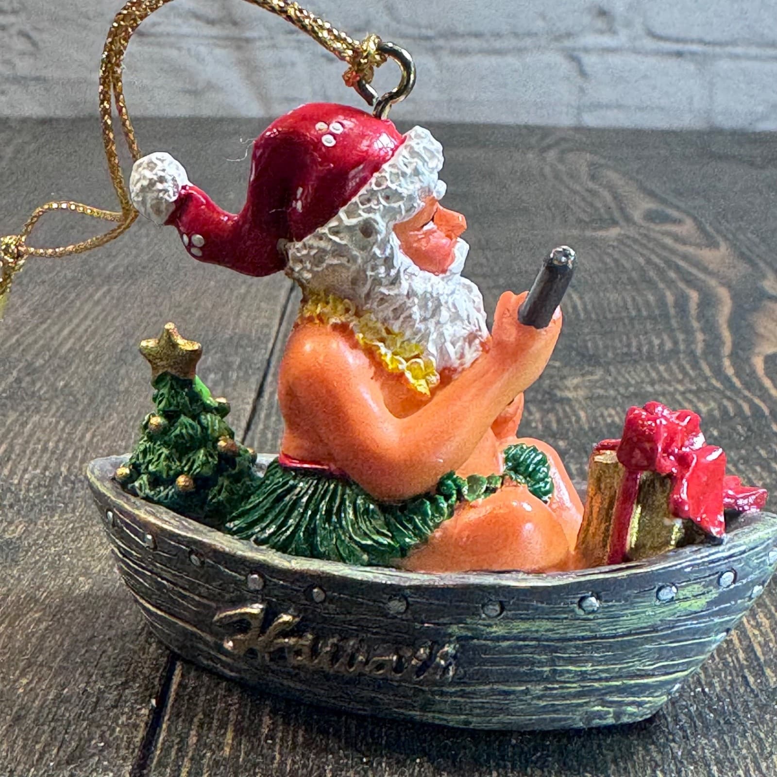 Vintage Christmas Holiday Tree Ornament - Hawaii Santa Claus in Canoe - Thumbnail 2